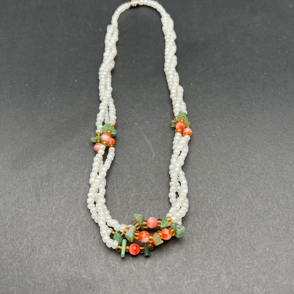 Vintage Multi Strand Beaded Necklace‎ White Green Peach Beads